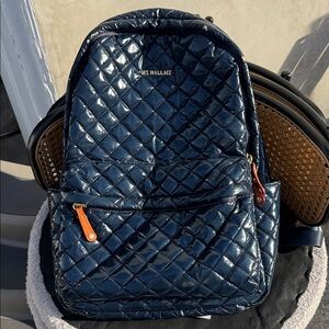 MZ Wallace Midnight Blue Quilted Backpack with Orange Accents